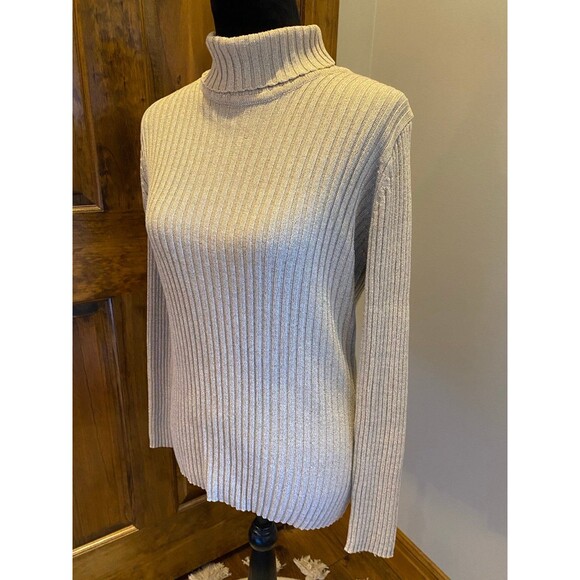 Basic Edition Cream with Gold Threads Holiday Turtleneck Size Large Sweater - Picture 3 of 8
